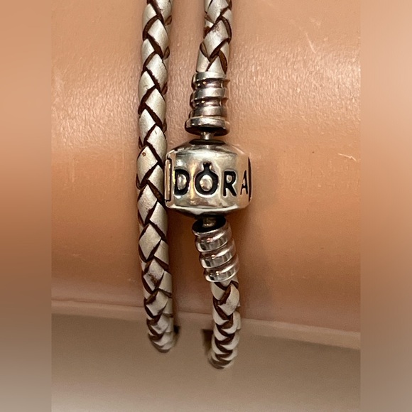 Pandora Brown & White Braided Leather Sterling Silver Clasp Double Wrap Bracelet - Picture 6 of 10